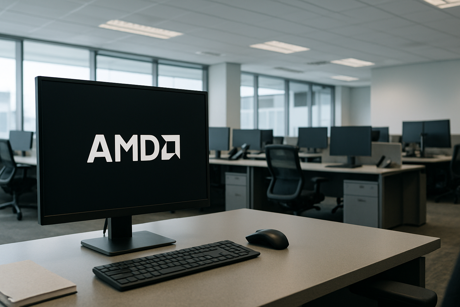 AMD microprocessor chip with computer motherboard background